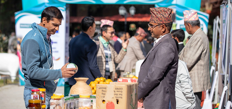 Market event with people viewing produce and food items